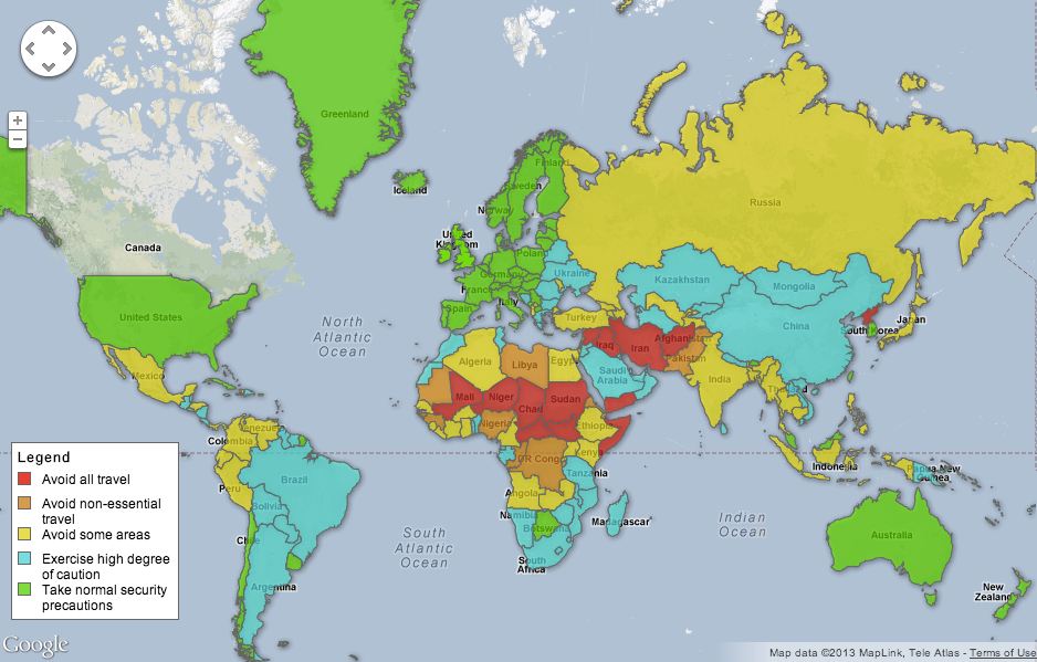 Map of Most Dangerous Countries 2013